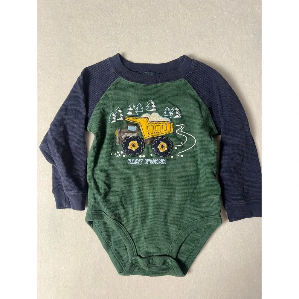 OshKosh B'gosh Bodysuit Baby 18M Green Blue Thermal Dump Truck Raglan LS